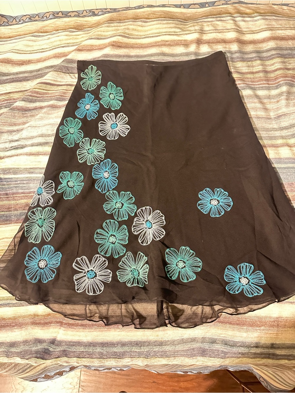 Karen Kane Black A-Line Skirt with Teal & White Floral Appliqué